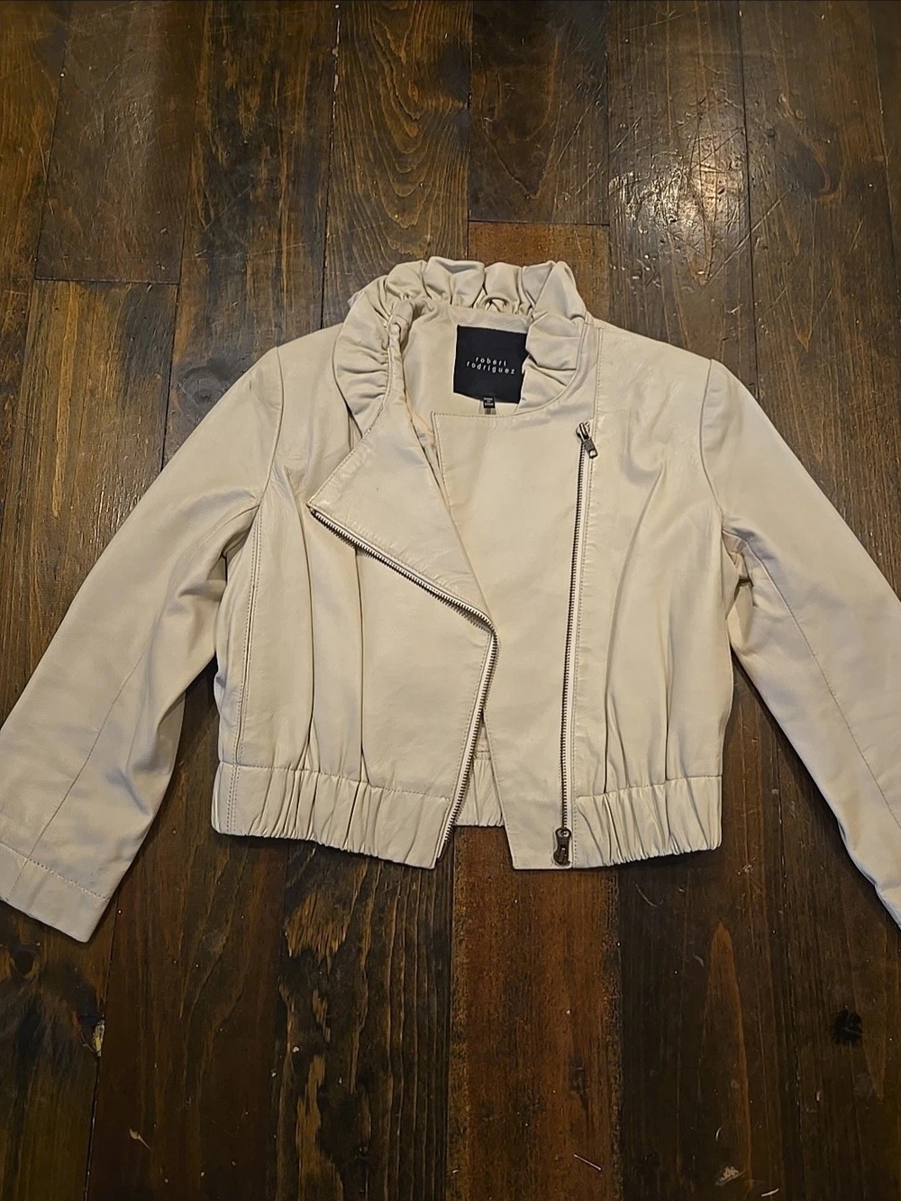 White House Black Market Cream Ruffle Collar Vegan Leather Moto Jacket - Cream